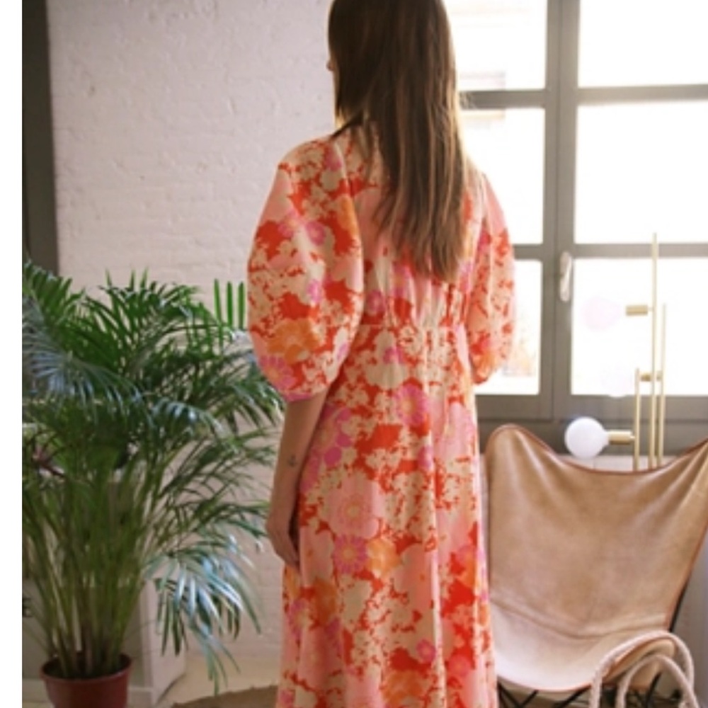 free people lydia  Printed dress M  floral button puff sleeve - Picture 2 of 4